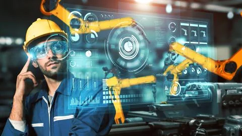Engineer use cybernated robotic software control industry robot arm in factory Stockfoto's