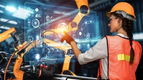Engineer use cybernated robotic software control industry robot arm in factory Stockfoto's