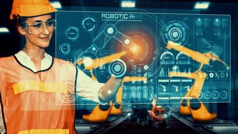 Engineer use cybernated robotic software control industry robot arm in factory Stock Photos