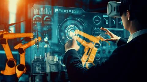 Engineer use cybernated robotic software control industry robot arm in factory 스톡 사진