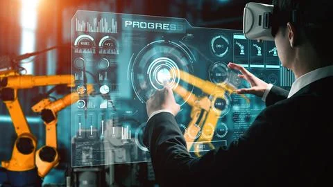 Engineer use cybernated robotic software control industry robot arm in factory 스톡 사진