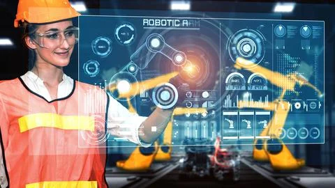 Engineer use cybernated robotic software control industry robot arm in factory 스톡 사진