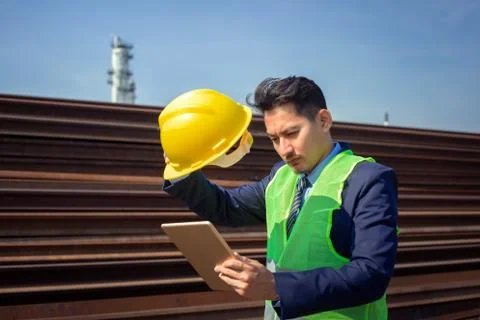 Engineer use tablet for test and checking at industry in midday and hot weath Stock Photos