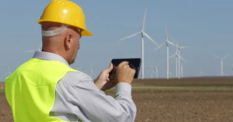 Engineer Use Touch Tablet Check Wind Turbine Efficiency and Production Capacity Stock Footage 68922829