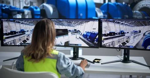 Engineer Uses 3D SCADA Software To Monitor Power Plant Systems Remotely. Stock Photos