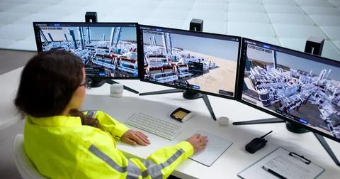 Engineer Uses 3D SCADA Software To Monitor Energy Plant Operations Closely. Foto stock