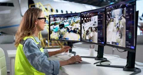 Engineer Uses 3D Twin Simulation Software To Monitor Aircraft Engine Maintena 스톡 사진
