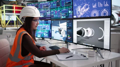 Engineer Uses Computer To Check Aircraft Parts Stock Footage 337638115