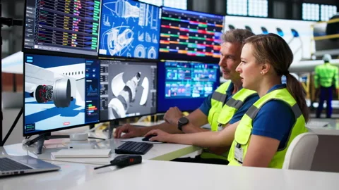 Engineer Uses Computer To Check Parts Stock Footage 336365686