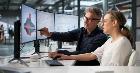 Engineer Uses Computer To Design Mechanical Parts In 3D CAD Model. 库存照片
