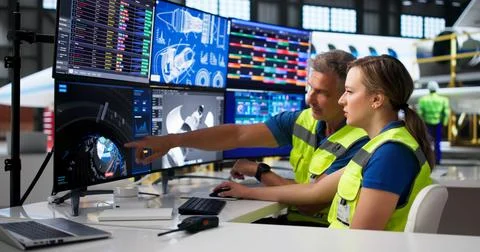 Engineer Uses Computer To Inspect Aircraft Parts During Airplane Maintenance  Stock Photos
