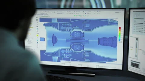 Engineer Uses Computer To Make Advanced Machinery Engine Project Blueprint Stock-Footage 223395253