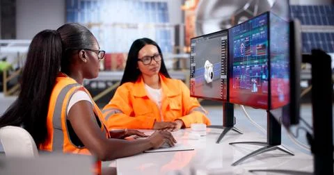 Engineer Uses Computer Software To Design Solar-powered Satellite Model. Stock Photos