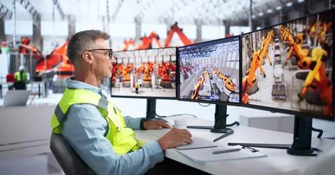 Engineer Uses Computer Software To Monitor Real-time 3D Automotive Factory Pr Stock Photos