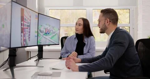 Engineer Uses GIS Software For Construction Project Inspection On PC. Stock Photos