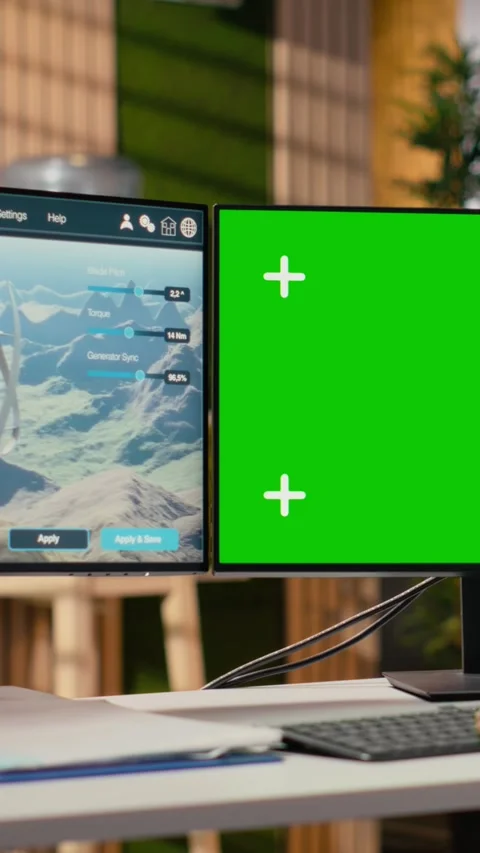 Engineer uses green screen mockup PC to do clean energy production testing Stock Footage 315417047