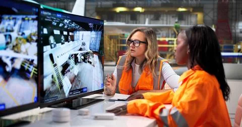Engineer Uses SCADA Software For Real-time Monitoring Of Airplane Systems. Stock Photos