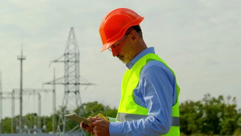 Engineer uses tablet against blurred view of power lines Stock Footage 164586067