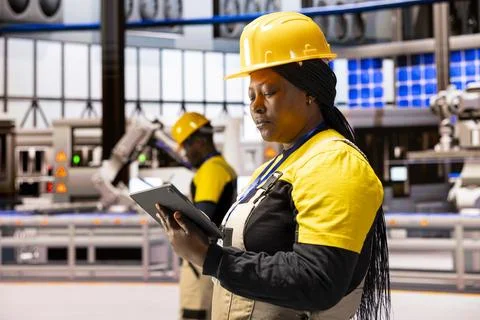 Engineer uses tablet in analyzing production Foto stock