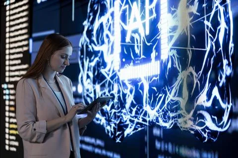 Engineer uses tablet to approve automated AI agent solving tasks 写真素材