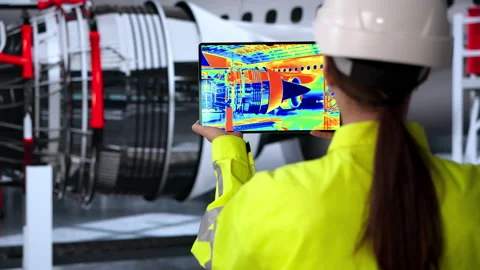 Engineer Uses Tablet To Check Aircraft Engine Stock Footage 333399864