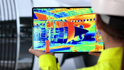 Engineer Uses Tablet To Check Aircraft Engine Stock Footage 333400303