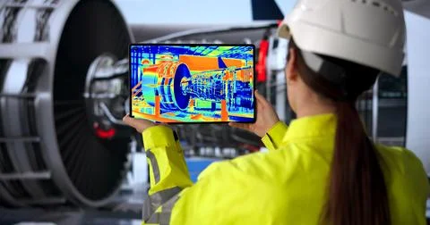 Engineer Uses Tablet To Check Aircraft Engine During Routine Maintenance Serv 写真素材