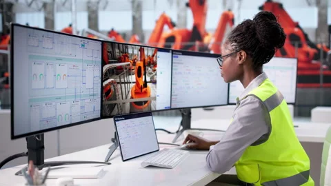 Engineer Using 3D Cad Software In Car Factory Looking At Production Model Stock Footage 328711915
