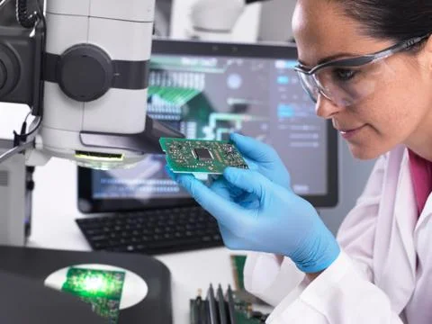 Engineer using 3D servo microscope to view dimensional accuracy of manufactured Stock Photos
