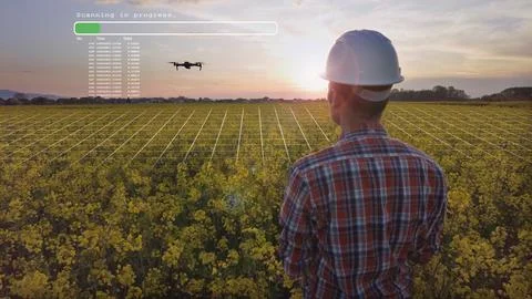 Engineer using an Agritech drone to scan agricultural fields. 2D graphics Stock Photos