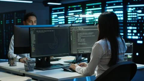 Engineer using augmented reality tech in data center, installing software 写真素材