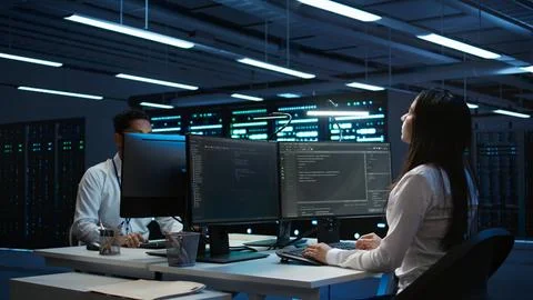 Engineer using augmented reality tech in data center, installing software Stock Photos