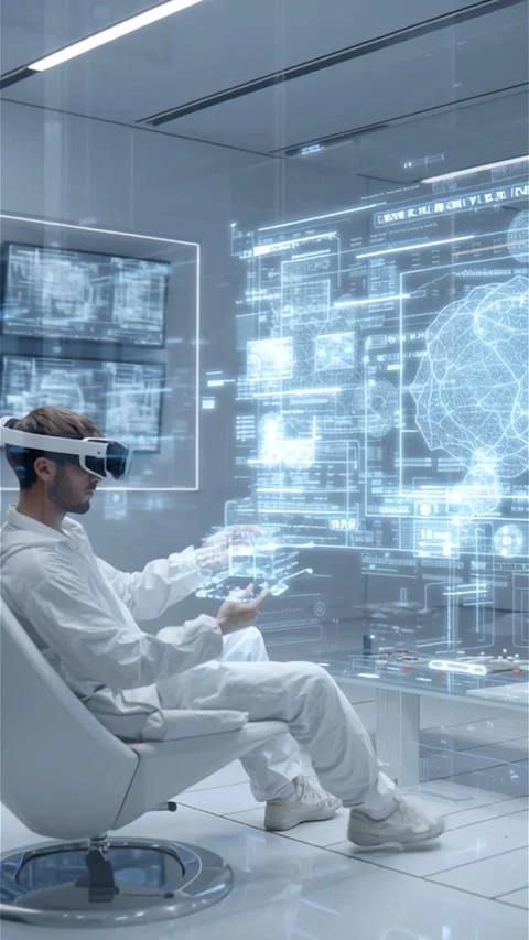 Engineer Using Brainwave Control to Operate Floating Interface in Futuristic Set Stock Footage 313384322