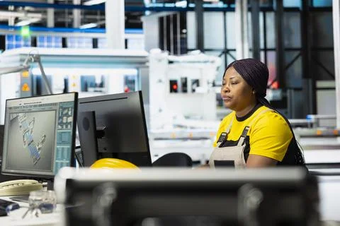 Engineer using computer setup to monitor solar panel plant assembly lines Stock Photos