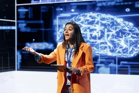 Engineer using device artificial intelligence summit speech 库存照片
