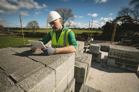 Engineer using digital tablet at the construction site Stock Photos