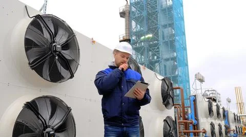 Engineer using digital tablet talking on portable radio standing near industrial Stock Photos