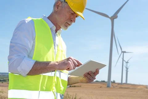 Engineer using digital tablet for wind turbine inspection Stock Photos