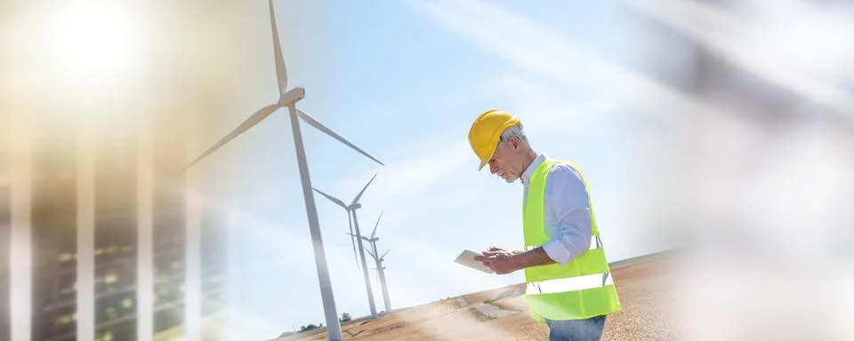 Engineer using digital tablet for wind turbine inspection; multiple exposure Stock Photos