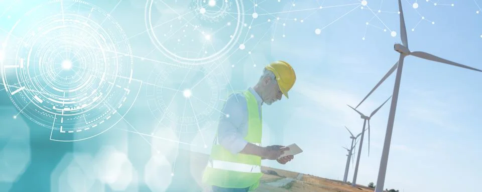 Engineer using digital tablet for wind turbine inspection; panoramic banner Stock Photos