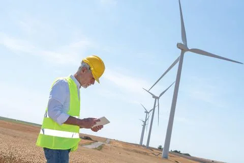 Engineer using digital tablet for wind turbine inspection Stock Photos