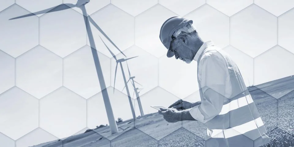 Engineer using digital tablet for wind turbine inspection, geometric pattern Stock Photos