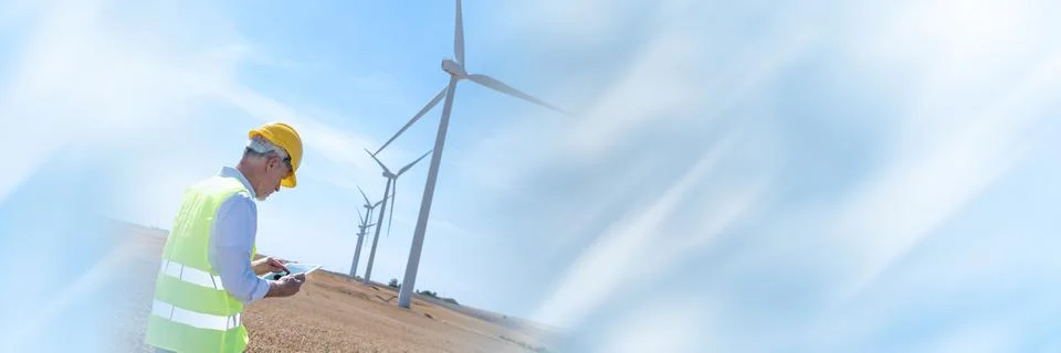 Engineer using digital tablet for wind turbine inspection; panoramic banner Stock Photos