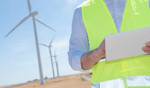 Engineer using digital tablet for wind turbine inspection Foto stock