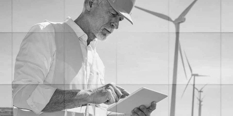 Engineer using digital tablet for wind turbine inspection, geometric pattern Stock Photos