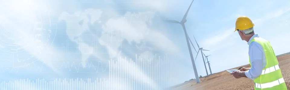 Engineer using digital tablet for wind turbine inspection; panoramic banner Stock Photos