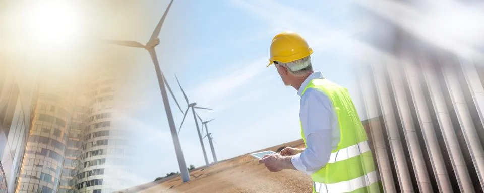Engineer using digital tablet for wind turbine inspection; multiple exposure Stock Photos
