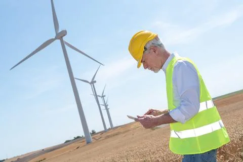 Engineer using digital tablet for wind turbine inspection 写真素材