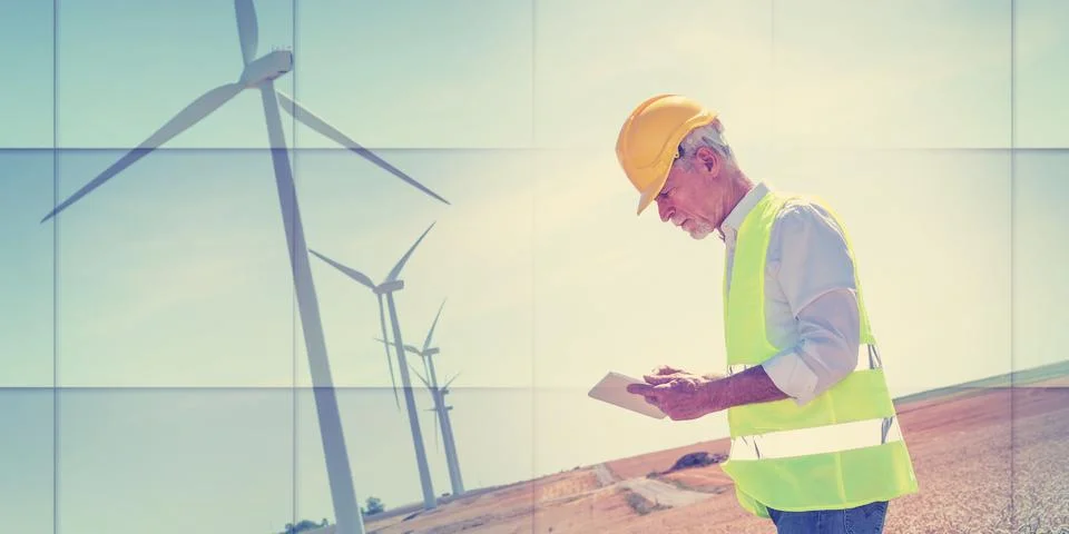 Engineer using digital tablet for wind turbine inspection, geometric pattern Stock Photos