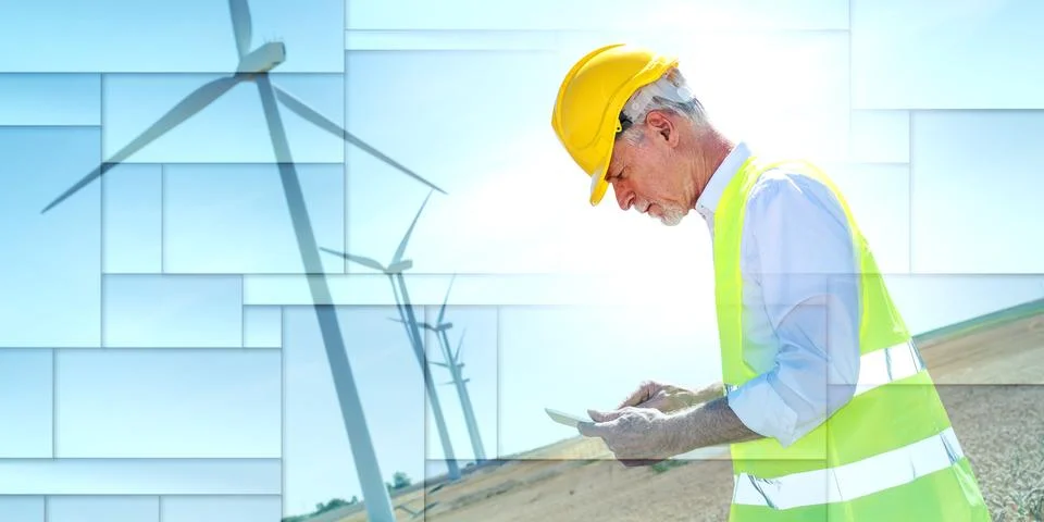 Engineer using digital tablet for wind turbine inspection, geometric pattern Stock Photos